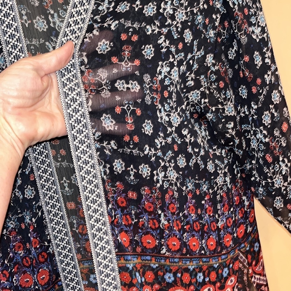 Xhilaration kimono size Large, boho style, split sides. Fringe navy blue - Picture 5 of 7